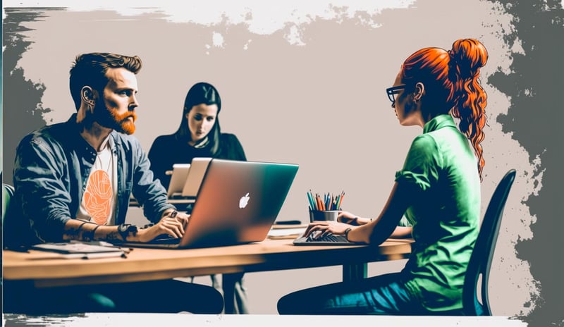 male and female software developers meeting, colorized line art, in the style of a Liam Cobb illustratiion, --v 4 --ar 3:2 --q 2